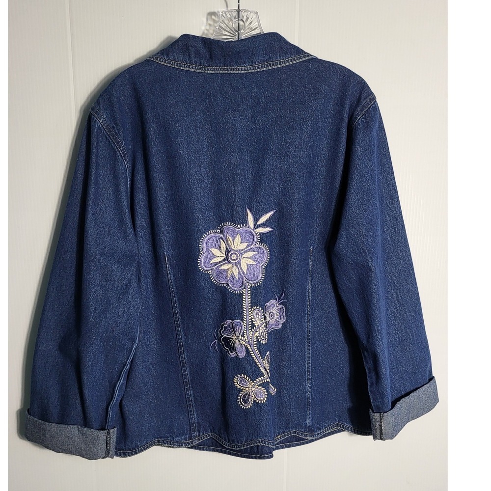 Womens Embroidered Denim Jean Shirt Cuffed Hem Midi Length Casual Everyday - Picture 4 of 12